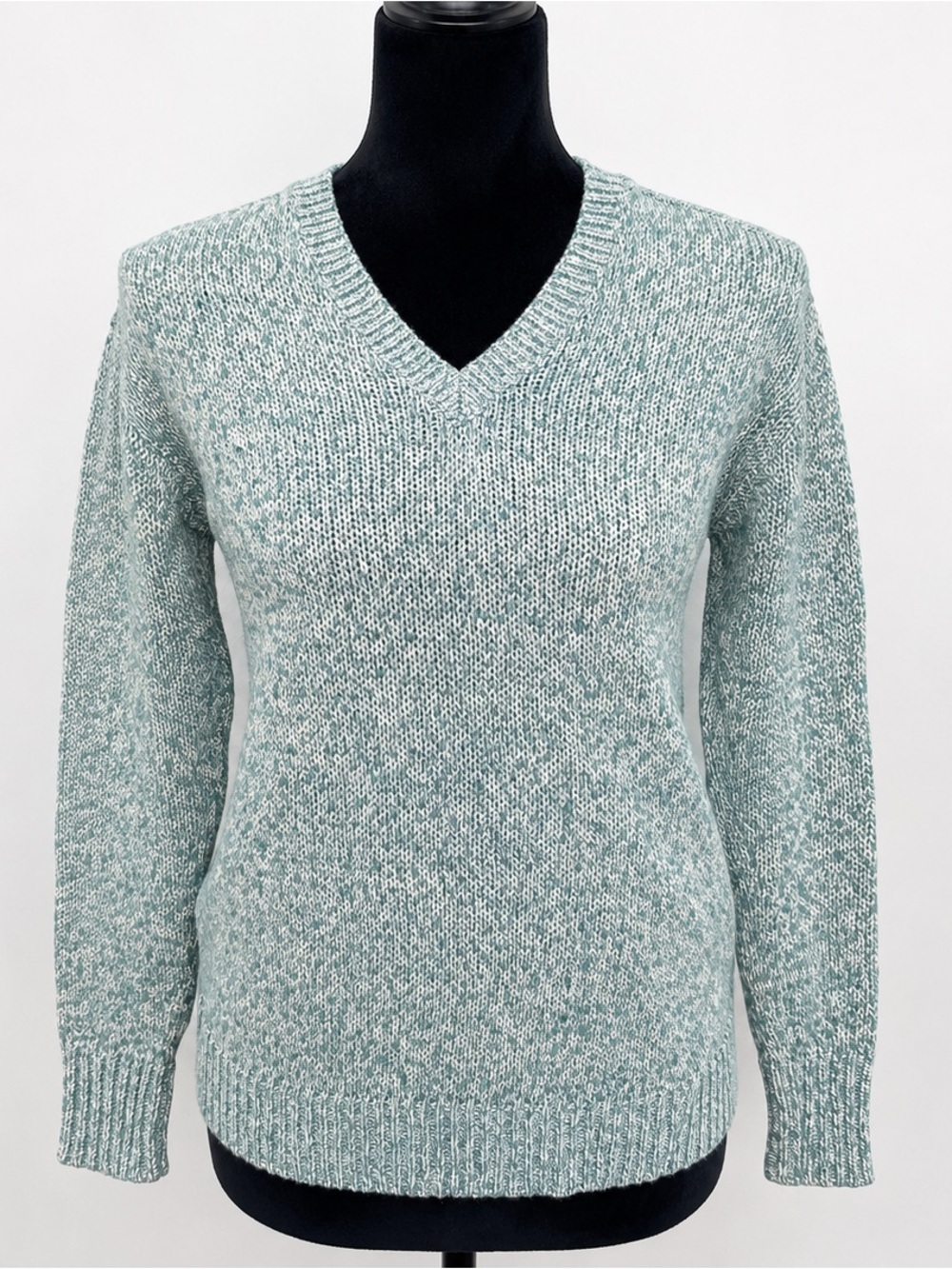 Banana Republic Women’s Sweater Teal-White Marled V-Neck Sweater